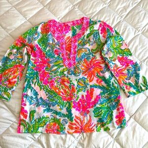 ❤️ EUC Lilly Pulitzer cotton voile tunic sz L. Sea algae & flowers.